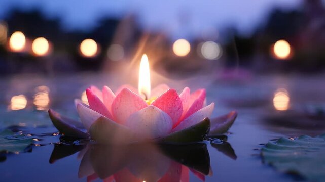 Pink lotus flower with a lit candle floating on water, surrounded by soft glowing lights in the background, creating a serene and tranquil atmosphere at dusk