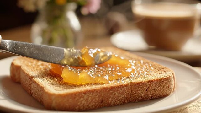 Hand spreads golden fruit jelly onto toasted bread slice on a white plate, with a cup of coffee and flowers in the background, creating a cozy breakfast scene