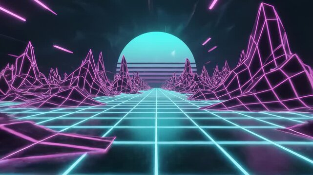 Retro Futuristic Neon Grid Landscape with Setting Sun.