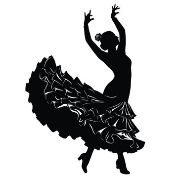Black silhouette of a female flamenco dancer in a traditional ruffled dress dancing