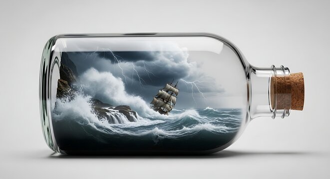 A miniature ship sails through stormy waves inside a glass bottle