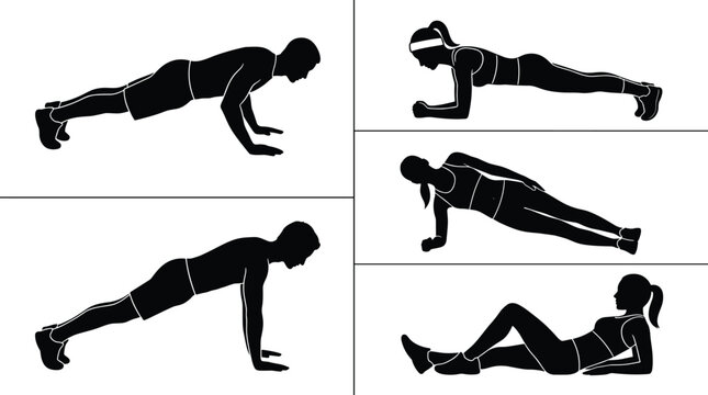 PrintSilhouette stick figures demonstrating push ups, planks, side plank, and seated core workout exercises for fitness, training, and health illustration
