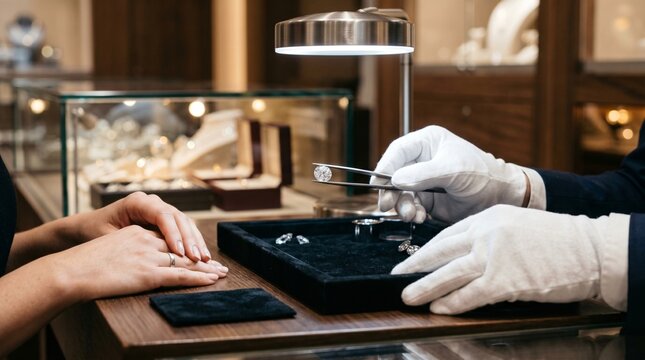eweler in white gloves showing a high-quality loose diamond to a female customer under a lamp in a luxury jewelry store.