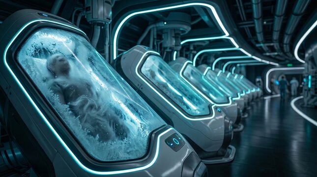 Futuristic Cryosleep Pods Human Hibernation Sci-Fi Laboratory.