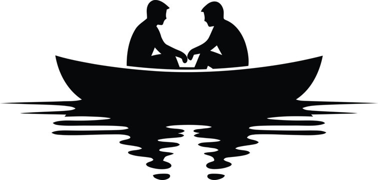 Two men sitting in a boat on calm water surface vector illustration