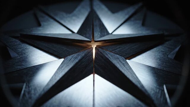Close-up views of a metallic star design with intricate details and reflections, showcasing the craftsmanship and texture in a dark setting with focused lighting