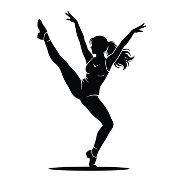 Silhouette of a female gymnast or dancer performing a dynamic high kick pose isolated on a white background