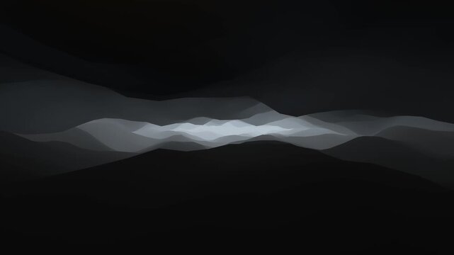 Monochrome abstract terrain waves shift dynamically in a futuristic 3D animation loop for dark mode interfaces and dataviz backdrops