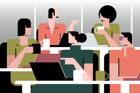 Office colleagues collaborating around a table with laptops and coffee cups during a team meeting, workplace communication and modern business teamwork concept in flat vector illustration