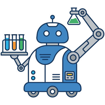 Robot laboratory assistant holding rack of test tubes and flask with laboratory