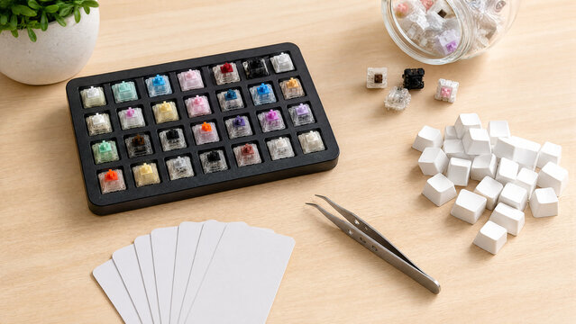 Mechanical keyboard switch test tray with blank keycap cards