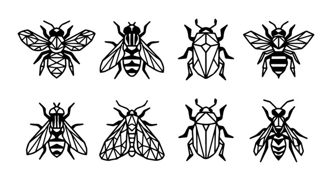 Geometric Insect Icons, Minimalist Bee and Beetle Vector Set, Clean Line Art Bug Collection