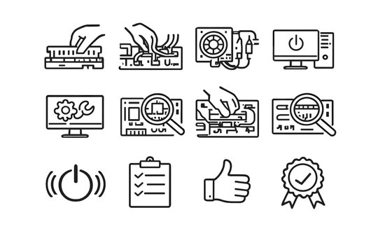 PC Assembly Icons. PC assembly testing. Line outline icon set of PC assembly testing: component installation,