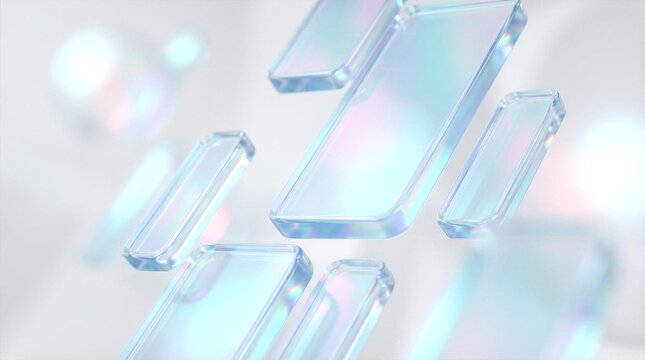 Minimalist 3d composition of floating glass tablets with soft rainbow light reflections. Ideal for technological branding, digital presentation background, and abstract web layout.