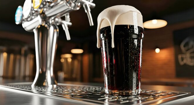 Freshly poured dark stout beer overflowing with foam next to a tap on a pub bar counter