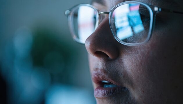 Close-up of a person wearing glasses reflecting a computer screen, focusing intensely on the digital content in a dimly lit environment.