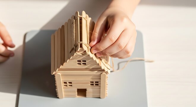 A young child carefully ties brown string around a small handmade popsicle stick model house