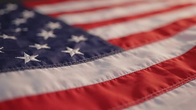 American flag fabric with visible stars and stripes, showcasing detailed stitching and texture in a close-up view, emphasizing the vibrant colors and patterns of the flag