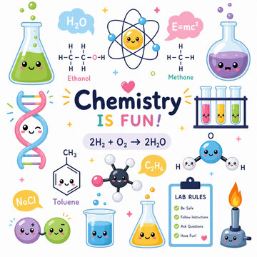 Cute Kawaii Scientific Elements Set with Chemical Structures and Laboratory Equipment Illustrations