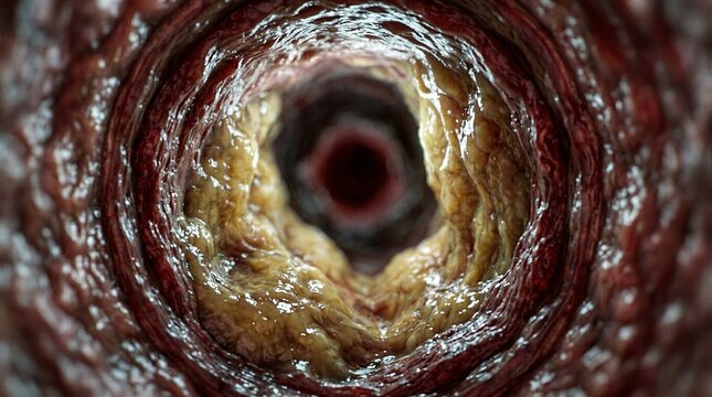 Internal view of human artery with severe atherosclerosis plaque buildup, medical illustration of vascular disease.