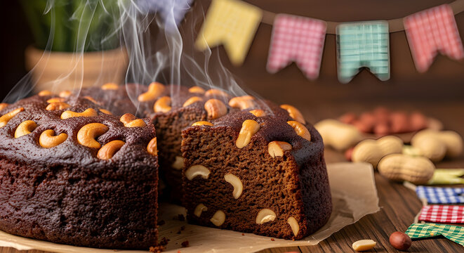 Steaming Traditional Brazilian Bolo Pe de Moleque Cake with Cashew Nuts and June Festival Flags