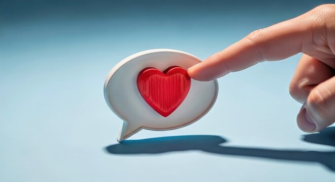 A finger pointing at a 3D white speech bubble with a red heart icon on a blue surface, symbolizing social media likes and love