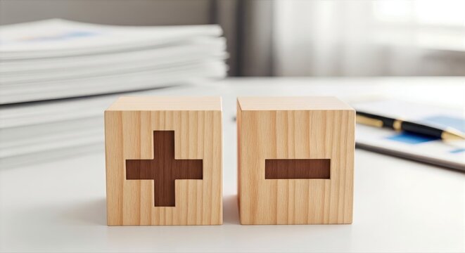 Wooden blocks with plus and minus signs symbolizing the evaluation of pros and cons, decision-making, and assessing positive and negative aspects in business or life