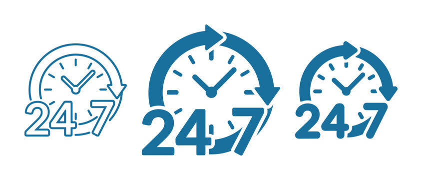 24 hours 7 days time icon set for around the clock service