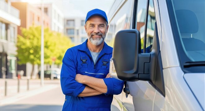 Professional delivery man in blue uniform leaning on a van, smiling confidently towards the camera