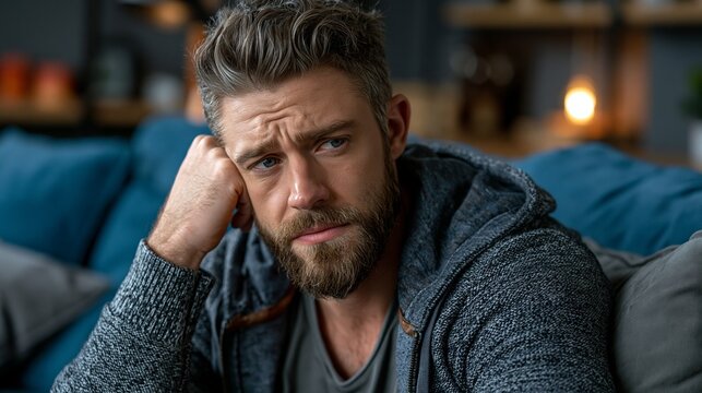 A pensive man with a beard rests his head on his hand, looking worried against a blurred living room background.