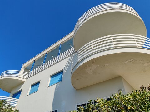 Ostia, Rome, Italy - May 18, 2026, detail of a modernist-style villa in line with the rationalist avant-garde, by architect Adalberto Libera, with a rectangular plan and geometric rigor, building A.