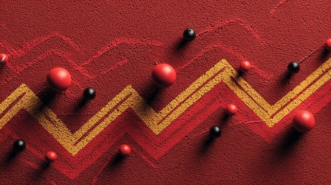 A textured red background features a jagged yellow line graph with scattered spheres representing financial volatility.