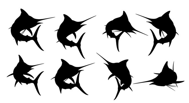The image features seven illustrations of flying fish in flight over water.
