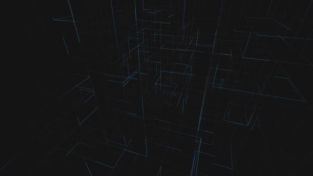Cinematic low angle perspective moving through a massive abstract grid network structure of blue neon lines in a 3D rendering