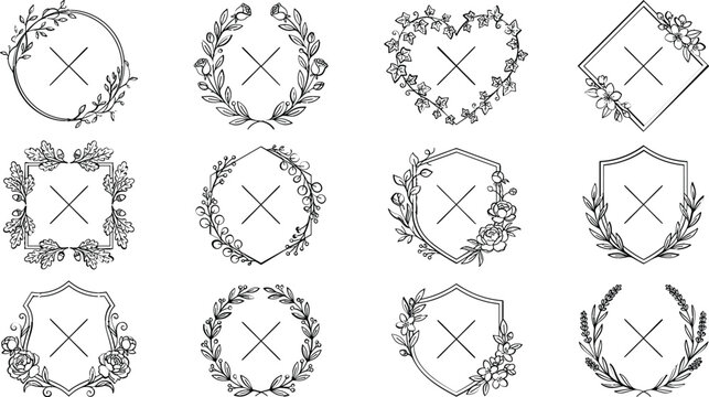 Elegant floral monogram frames and wedding laurel wreaths vector set