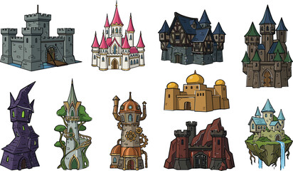 Fantasy fairytale castles and medieval fortress towers cartoon vector set © ARIFUL