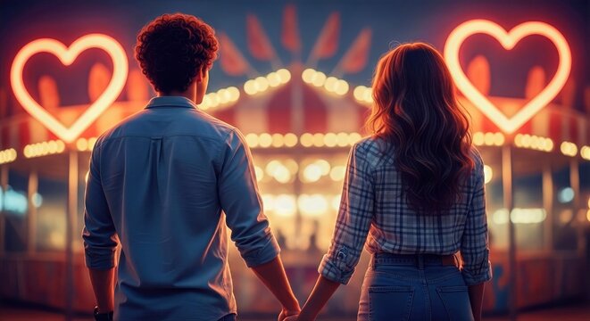 Romantic couple holding hands at a night carnival with glowing neon heart lights