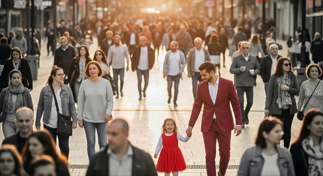 A vibrant city street scene at golden hour, teeming with a diverse crowd of pedestrians walking, creating a dynamic urban tapestry of human activity and connection