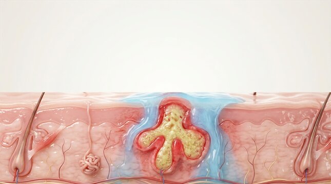 Cross-section visualization of skin pore health, showcasing sebum secretion and hair follicle structure in a realistic clinical medical context.