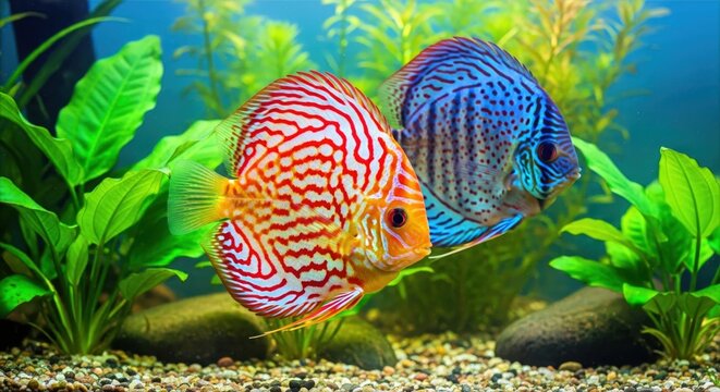 Two vibrant discus fish swimming together in a lush planted aquarium, showcasing peaceful aquatic harmony