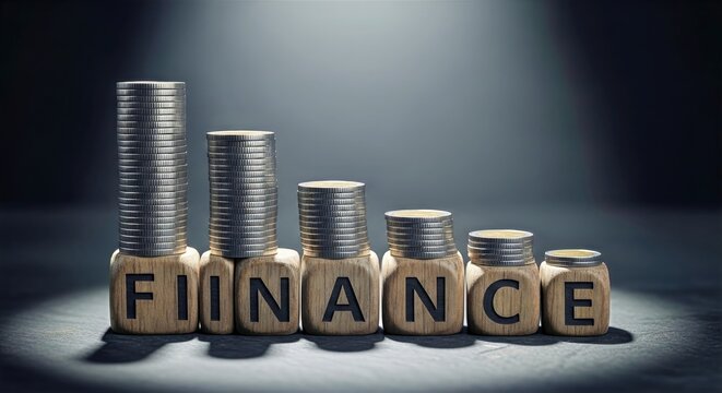 Descending stacks of silver coins on wooden letter blocks spelling finance on dark background