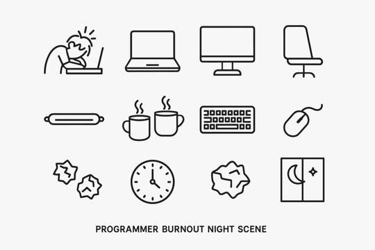 Programmer Burnout Icons. Programmer burnout night scene. Line outline icon set of Programmer burnout night