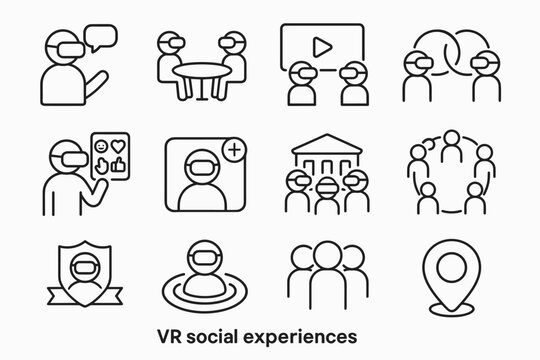VR Icon Set. VR social experiences. Line outline icon set of VR social experiences: avatar chat bubble,