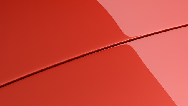 Close-up of a panel gap between two red glossy car body parts with copy space. Detailed view of premium automotive paint coating with reflections. Minimalist abstract 3D render background