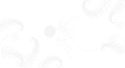 Delicate line art fairy carrying orb, surrounded by ethereal fern fronds on white background. © Dodo