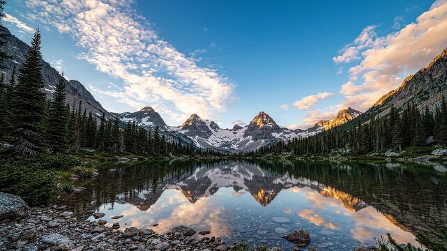 Majestic mountain landscape with clear lake reflecting peaks and clouds, surrounded by evergreen trees under a bright blue sky at dawn in North America