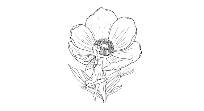 Whimsical Fairy Dancing Near Giant Bloom, Delicate Line Art Illustration, Fantasy Nature Scene