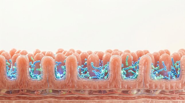 Conceptual 3D view of healthy gut flora, depicting probiotic strains colonizing the intestinal lining for improved digestive function and immunity.