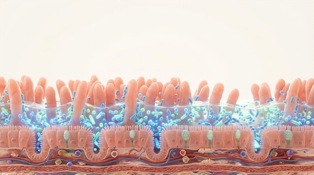 Detailed 3D rendering of intestinal villi and microbiota, illustrating nutrient absorption and symbiotic gut health processes.
