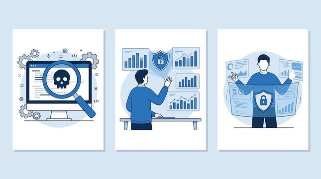 Cyber security vulnerability detection and data protection dashboard concept set with malware scan virus threat and network protection shield flat vector illustration